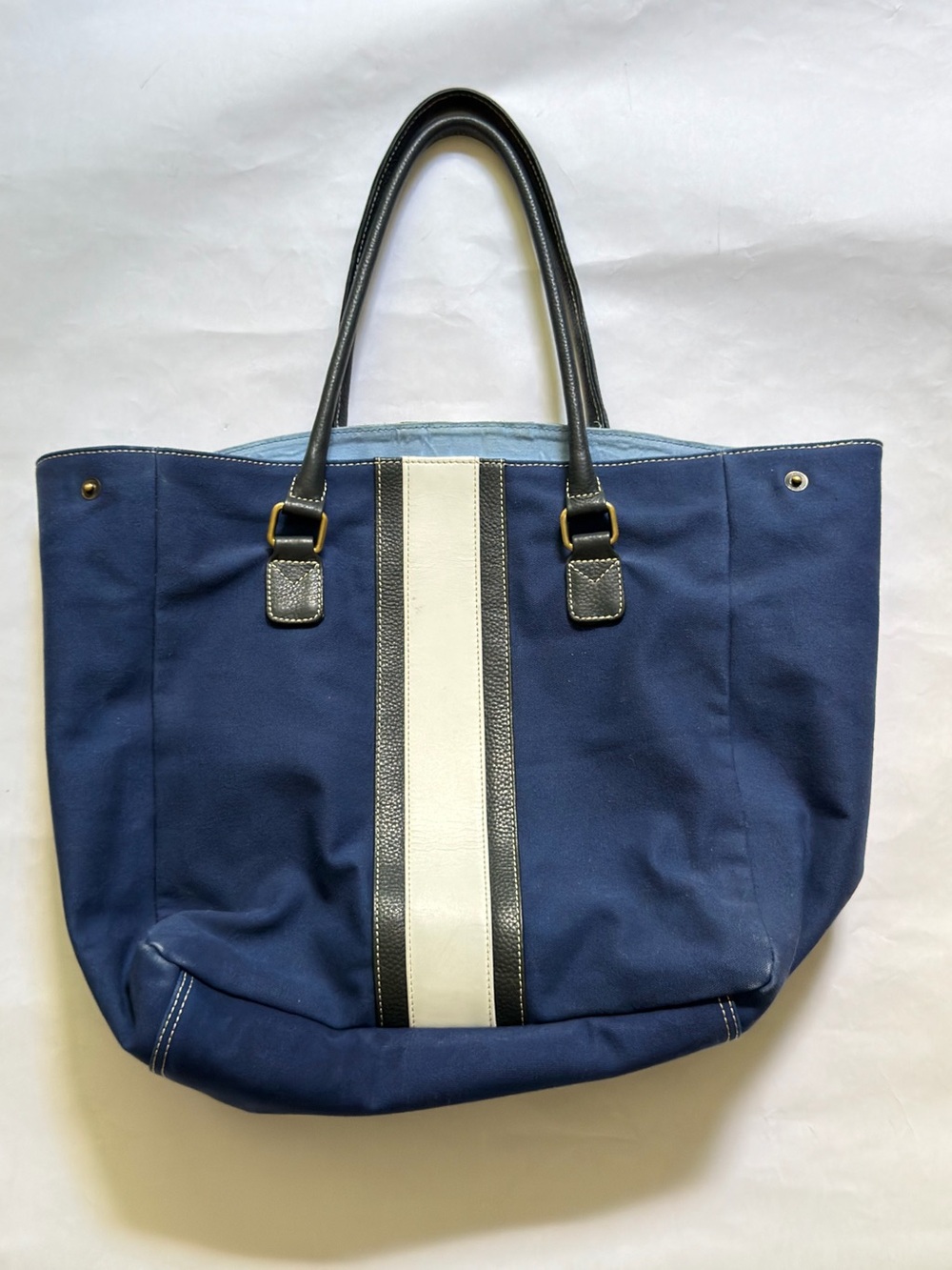 FH Wadsworth NYC Classic Navy and White leather Canvas Weekender Tote Bag